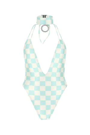 Alessandra Rich Choker Detailed Check Print Swimsuit