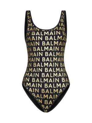 Balmain Allover Logo Printed Low-Back Bathing Suit