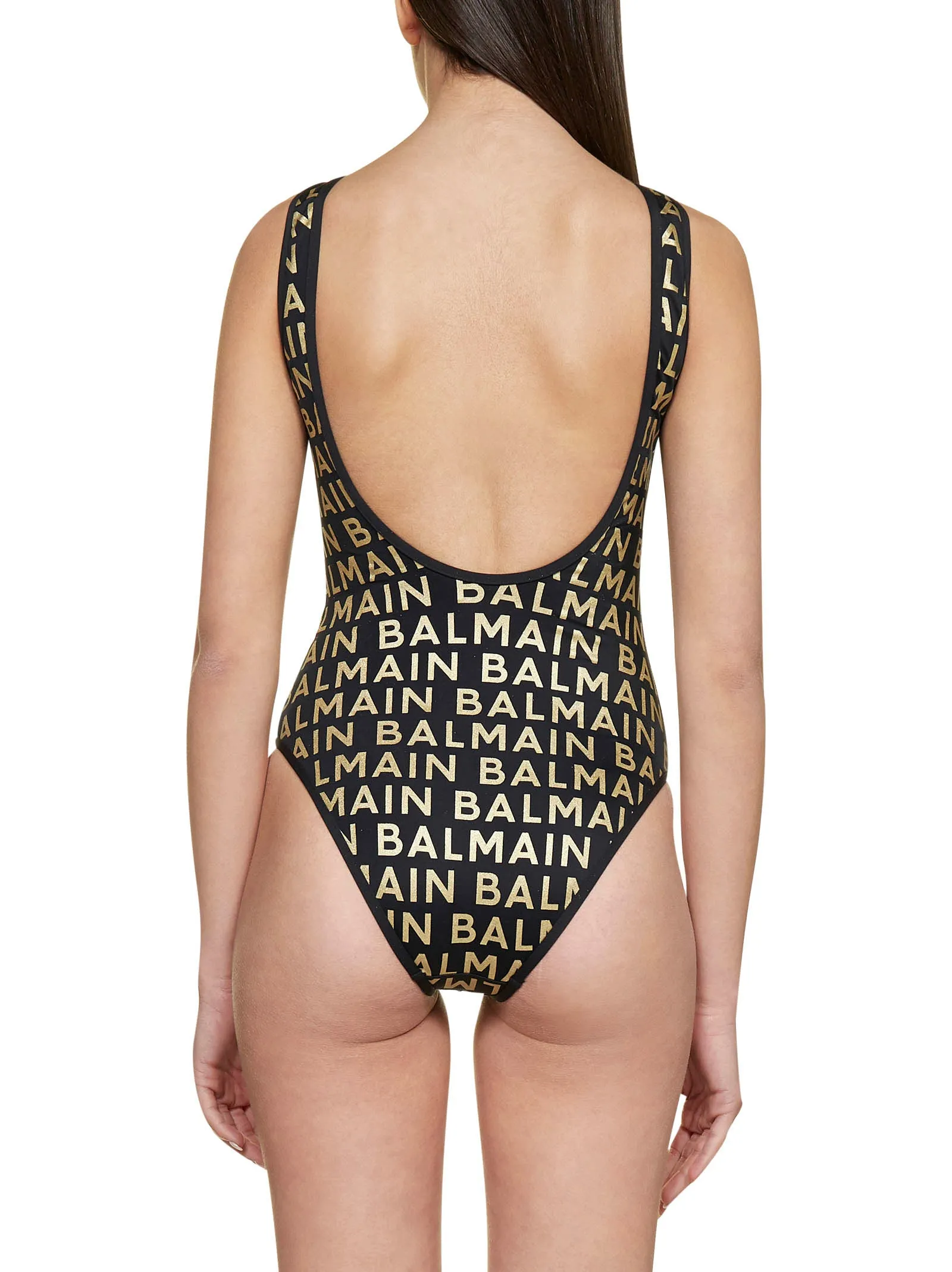 Balmain Allover Logo Printed Low-Back Bathing Suit