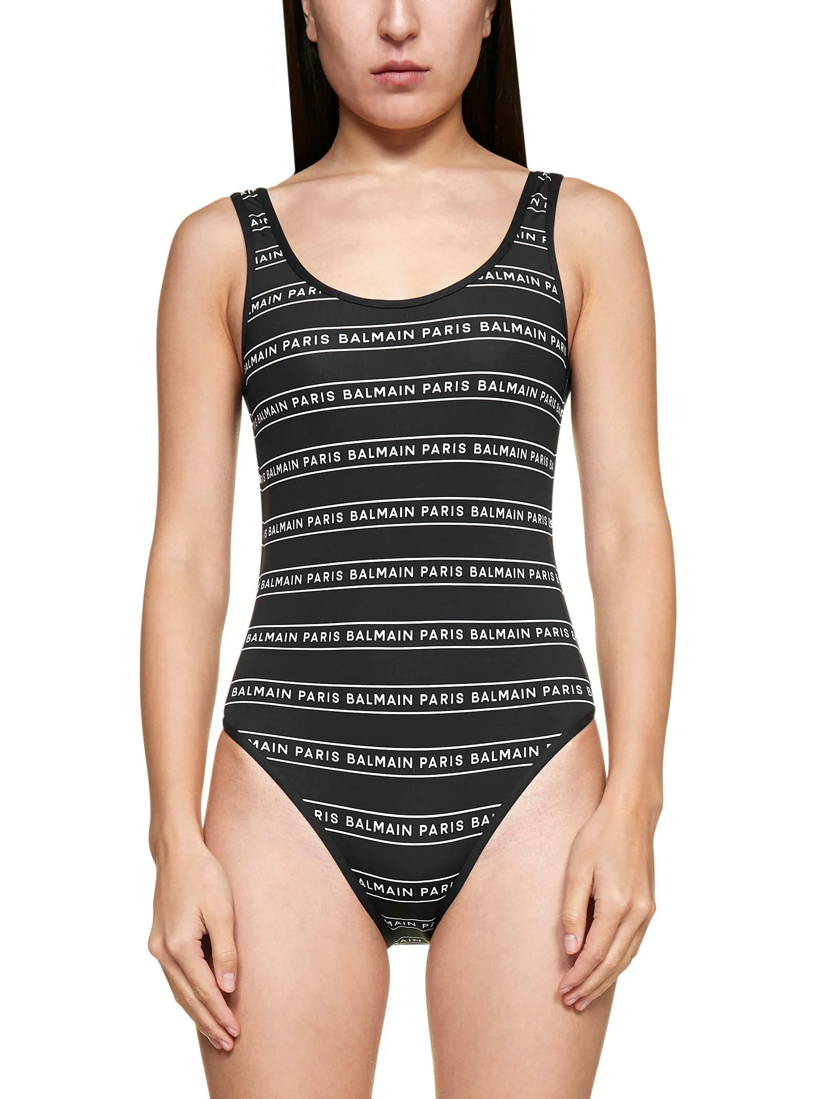 Balmain Logo Printed Horizontal Striped Swimsuit