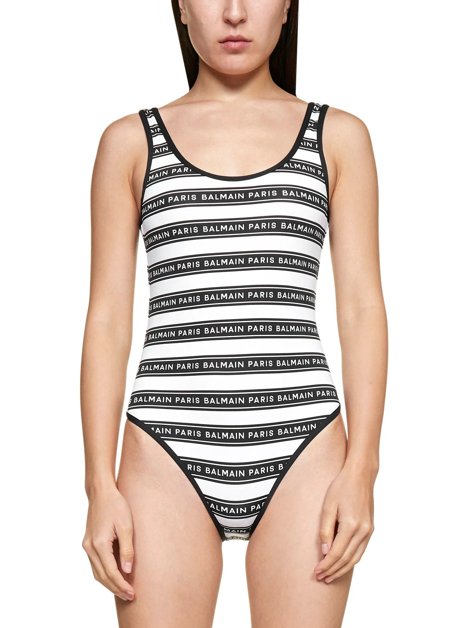 Balmain Logo Printed Horizontal Striped Swimsuit
