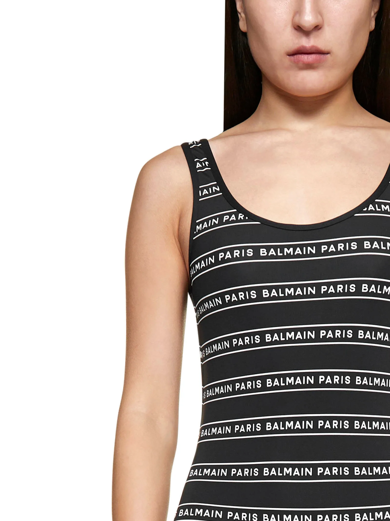 Balmain Logo Printed Horizontal Striped Swimsuit