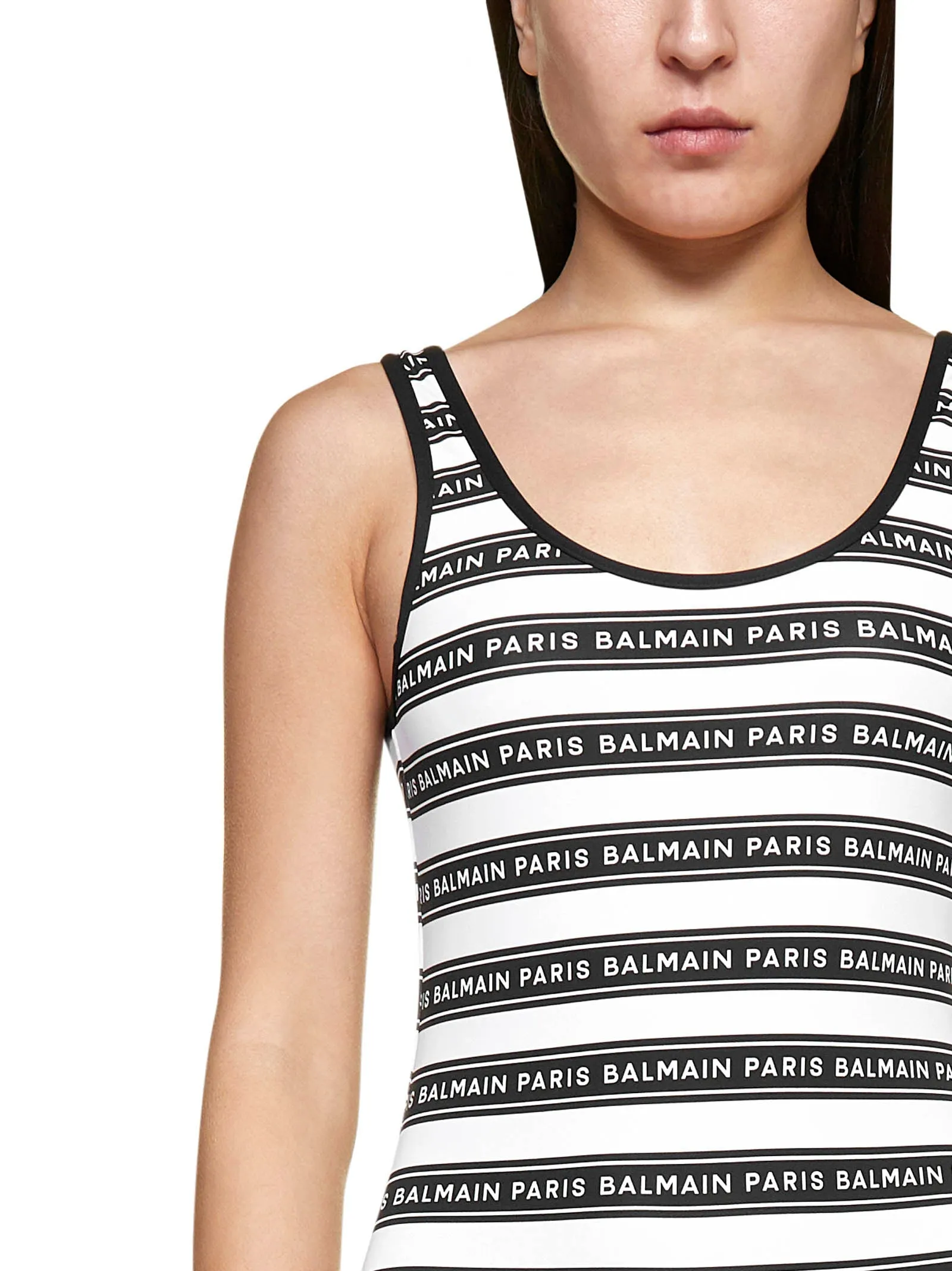 Balmain Logo Printed Horizontal Striped Swimsuit