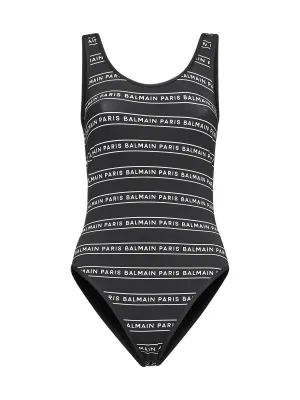 Balmain Logo Printed Horizontal Striped Swimsuit