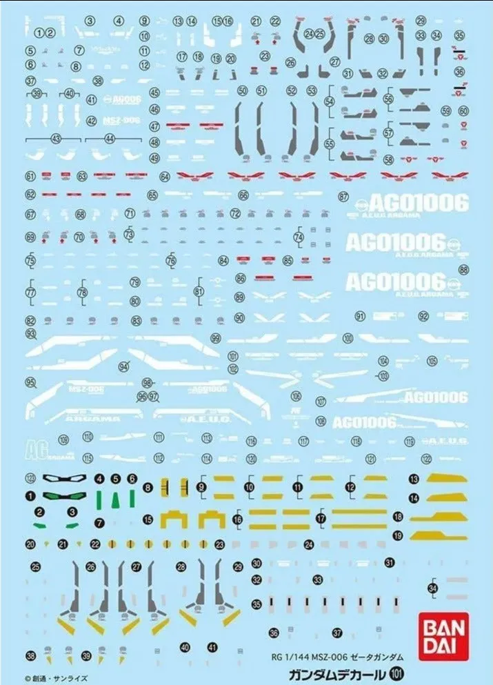 Bandai Gundam Decal #101 For 1/144 RG Real Grade MSZ-006 Zeta Gundam Water Slide/Transfer Decals