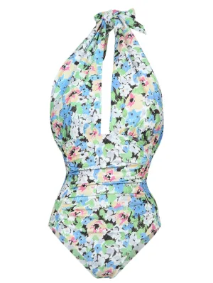 Ganni Floral Printed Halterneck Swimsuit