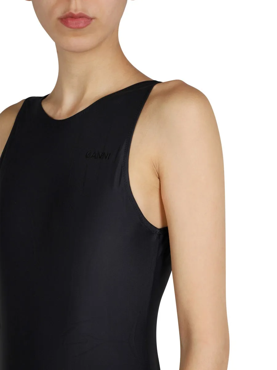 Ganni Logo Printed Scoop-Back Swimsuit