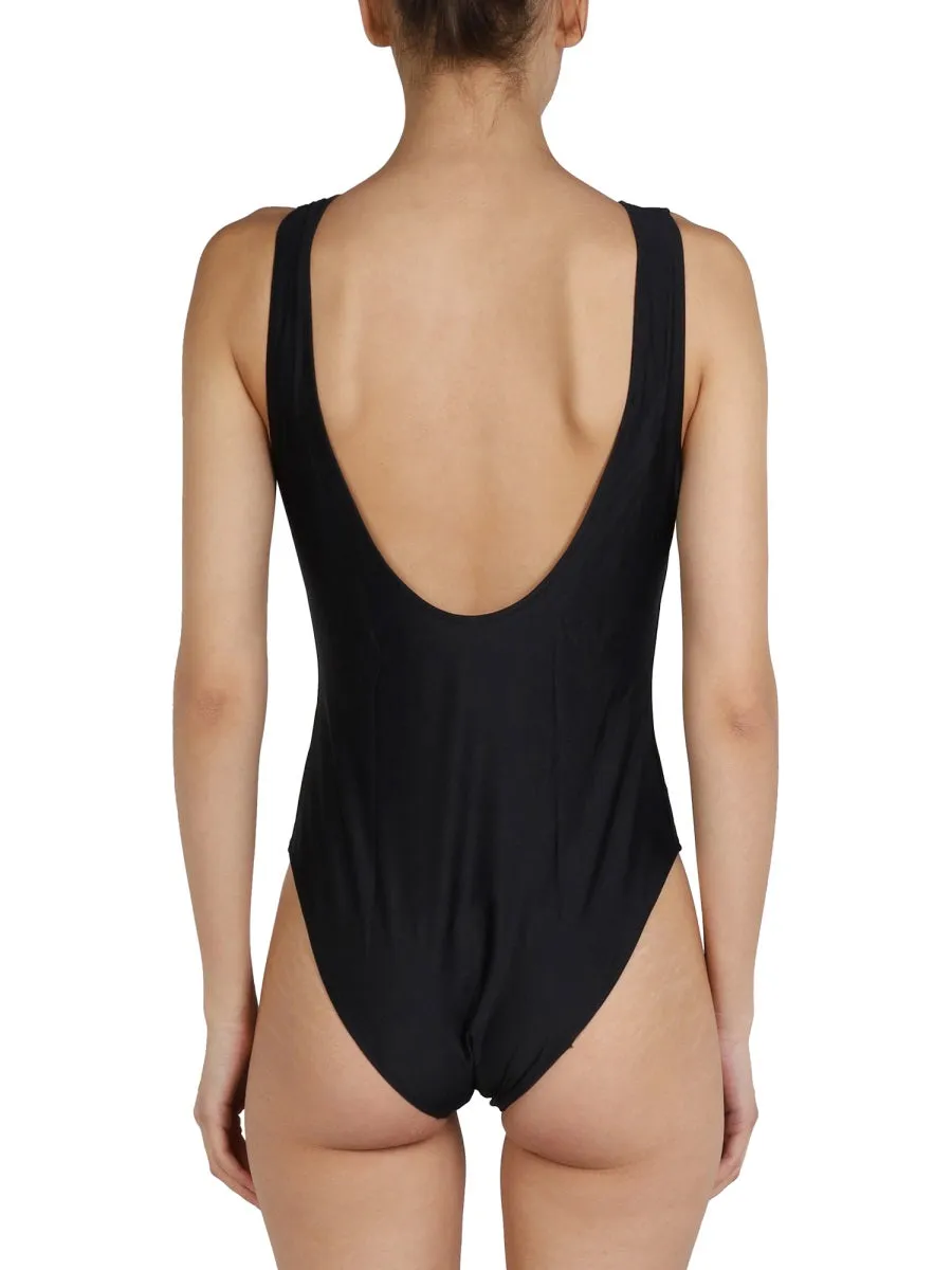 Ganni Logo Printed Scoop-Back Swimsuit